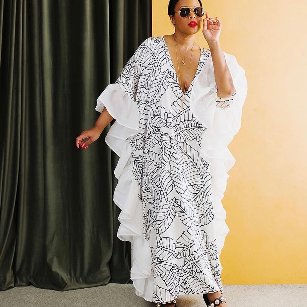 NEW Fe Noel x Target Sketch Palm Leaf Print Ruffle Trim Cover Up Dress 3X pl…